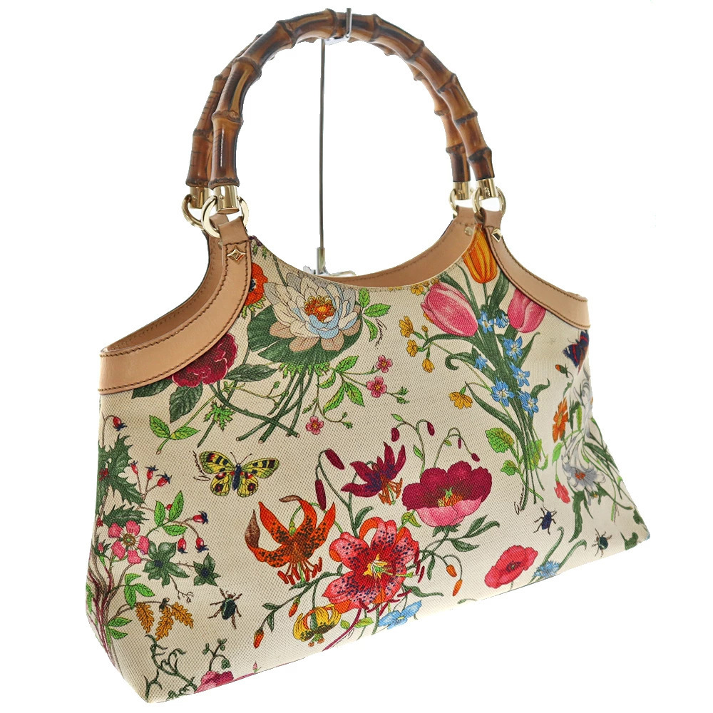 Gucci Handbag Leather Ivory White Multicolor Floral Flower Butterfly Bamboo